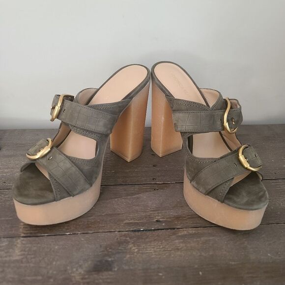 VERONICA BEARD GARRICK DUAL BUCKLE PLATFORM SANDALS Olive Green Size 8.5 New - Picture 9 of 10